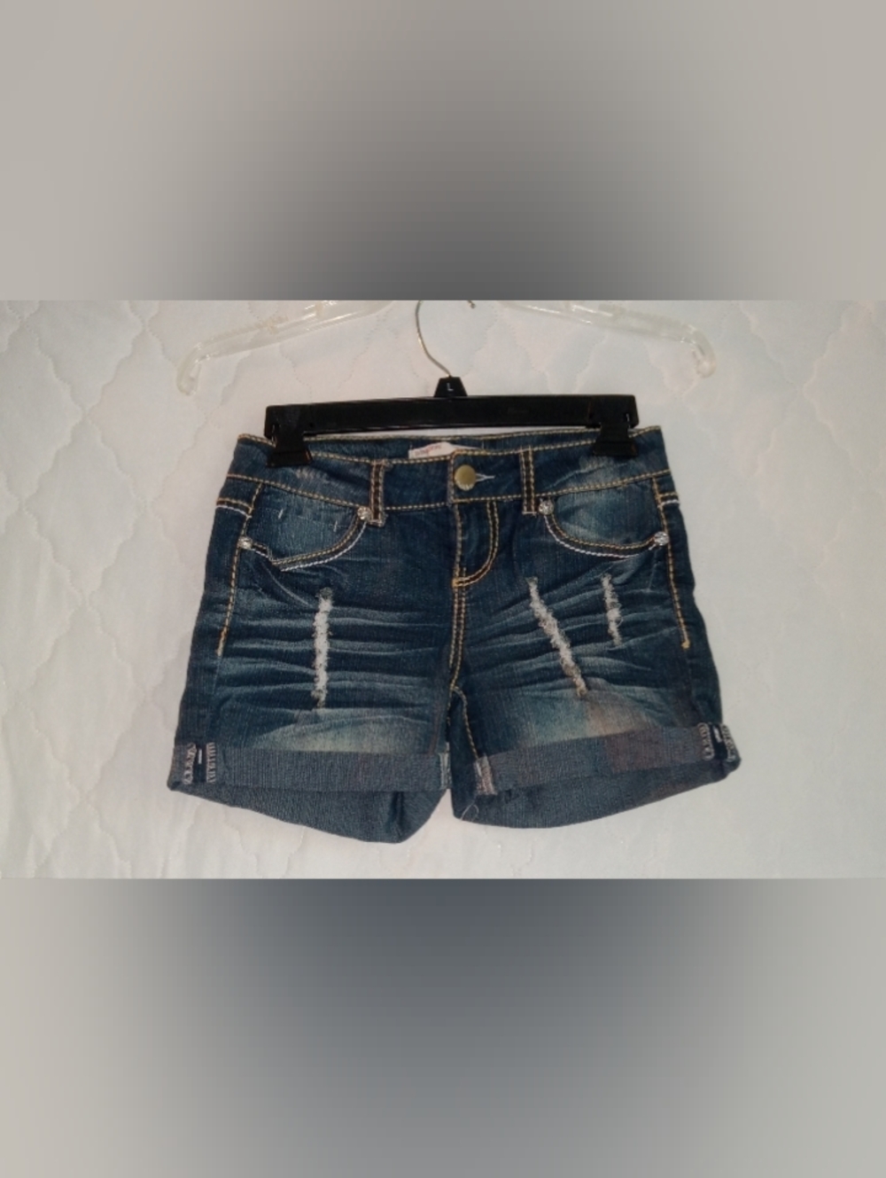 No Boundaries Dark Blue Distressed Roll-Cuff Denim Shorts